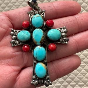 Large Sterling, Turquoise & Vintage Red Coral Cross Pendant